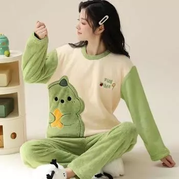 Осенне-зимняя теплая фланелевая женская пижама с длинным рукавом, женская одежда для сна, цветные блоки, мультяшный рисунок, комплект из двух предметов, пижама для молодежи, домашняя одежда из кораллового бархата M