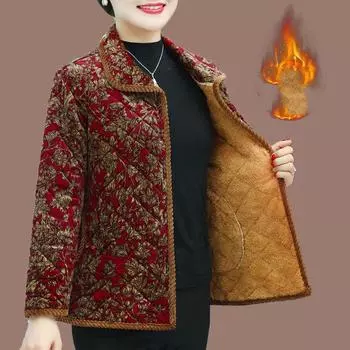 Осенне-зимняя теплая куртка для пожилых женщин с лацканами в стиле ретро, короткая теплая куртка с принтом и подкладкой, стеганая куртка XXXXXL красный