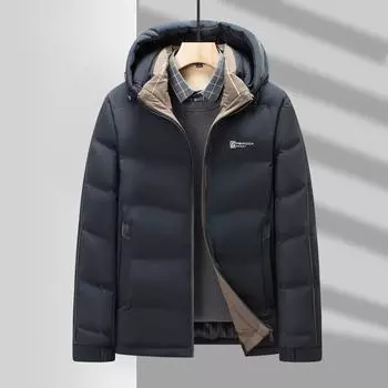 Осенне-зимняя теплая куртка на молнии с капюшоном на утином пуху для среднего и молодого возраста в деловом стиле 175