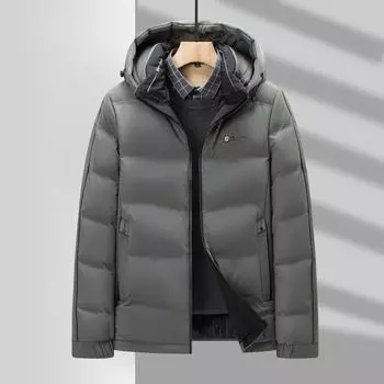 Осенне-зимняя теплая куртка на молнии с капюшоном на утином пуху для среднего и молодого возраста в деловом стиле 175
