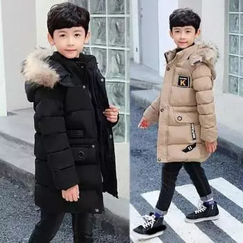 Осенне-зимняя теплая куртка средней длины с капюшоном и подкладкой, однотонная, повседневная верхняя одежда для мальчиков 170 чёрный