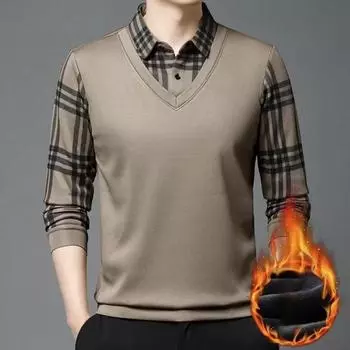 Осенне-зимняя теплая мужская одежда, бесшовная поддельная теплая рубашка из двух частей, плюс бархатная поддельная повседневная рубашка-воротник для папы M