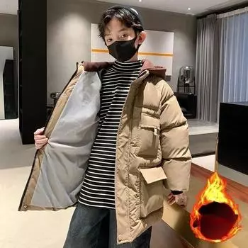 Осенне-зимняя теплая нестираемая куртка с капюшоном и подкладкой, утолщенная, повседневная верхняя одежда для мальчиков 160 чёрный