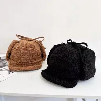 Осенне-зимняя теплая плюшевая шапка для пары, нейтральная защита ушей, велосипедная шапка из овечьей шерсти, женская, с изображением лица, маленькая сумка, головной убор, прилив M56-58cm чёрный