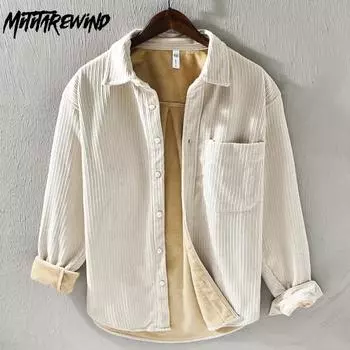 Осенне-зимняя теплая рубашка мужская повседневная повседневная повседневная топы с лацканами вельветовая утолщенная флисовая рубашка с карманом простой стиль мужская одежда M хаки