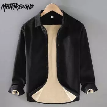 Осенне-зимняя теплая рубашка, мужская повседневная повседневная рубашка с длинным рукавом, вельветовая флисовая рубашка с воротником с лацканами, ретро простой стиль, утепленные мужские топы M чёрный