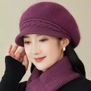 Осенне-зимняя теплая шапка для пожилых людей среднего возраста, вязаная шапка для мам, однотонный берет из меха кролика с утиным язычком и бархатной пряжей