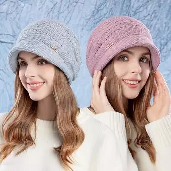 Осенне-зимняя теплая шапка с большой головой для женщин, защитная шапка для ушей, вязаная шерстяная шапка фиолетовый