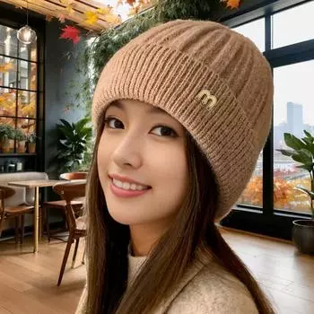 Осенне-зимняя теплая шапка женская корейская версия модная универсальная шапка-пуловер утепленная плюшевая утолщенная вязаная шерстяная шапка из норки