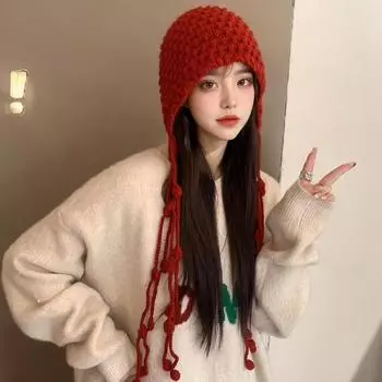 Осенне-зимняя теплая шерстяная шапка, ручная вязка, женская бахромчатая шапка, рукава, вязаная шапка