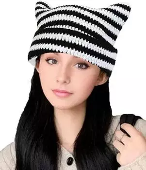 Осенне-зимняя теплая шерстяная шапка с милыми кошачьими ушками, полосатая вязаная шапка, утепленная, для улицы, для холодной погоды, теплая шапка для пары, универсальная шапка зелёный