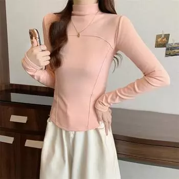 Осенне-зимняя теплая толстая женская бархатная футболка, модная с длинным рукавом и высоким воротником, повседневная тонкая однотонная нестандартная футболка для женщин Y2k Top M