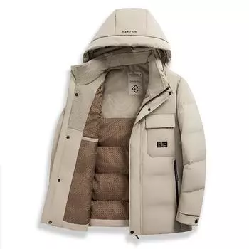 Осенне-зимняя теплая утиная пуховая куртка для молодежи и среднего возраста, съемная шапка, утолщенный пух, повседневная куртка 170 чёрный