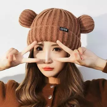Осенне-зимняя теплая вязаная шапка для защиты ушей женская шерстяная шапка с медвежьими ушками для студентов чёрный