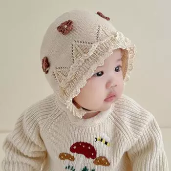 Осенне-зимняя теплая вязаная шерстяная шапка для малышей в стиле ретро с кружевом, милая детская шапочка с ушками Recommended for 3-20 months (42-48cm) красный