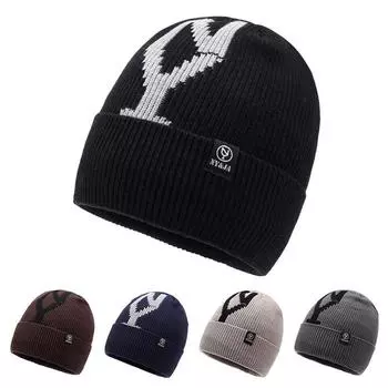 Осенне-зимняя теплая вязаная шерстяная шапка мужская с принтом и надписью «Уличная шапка» хаки