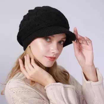 Осенне-зимняя теплая вязаная ветрозащитная толстая женская шапка с бархатом хаки