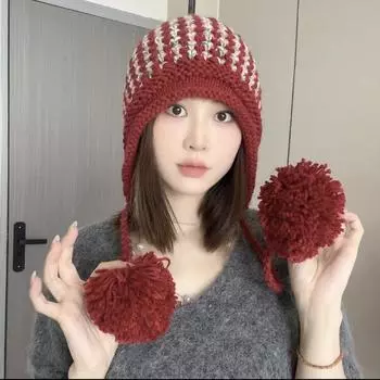 Осенне-зимняя теплая защитная шапка из цветной шерсти для защиты ушей, женская шапка с большим шерстяным ремешком Lei Feng, милая и симпатичная модная M56-58cm красный