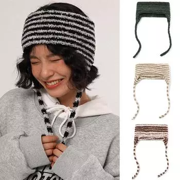 Осенне-зимняя теплая женская защитная шапка ручной работы, вязаная полосатая повязка на голову, без верхней пряжи, спортивная вязаная повязка на голову, модная чёрный
