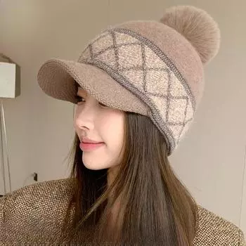 Осенне-зимняя толстая бейсболка из кроличьего меха с ромбовидным узором для женщин, зимняя модная кепка-утконос для студентов, теплая шапка One size чёрный