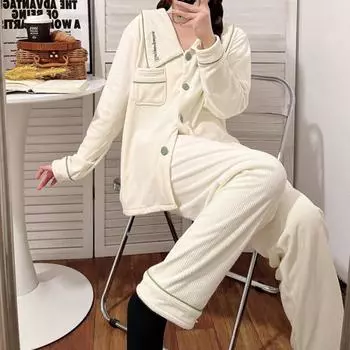 Осенне-зимняя толстая плюшевая пижама, домашняя одежда для женщин, повседневная, простая, роскошная, с длинными рукавами, теплые брюки-кардиган, одежда для сна M