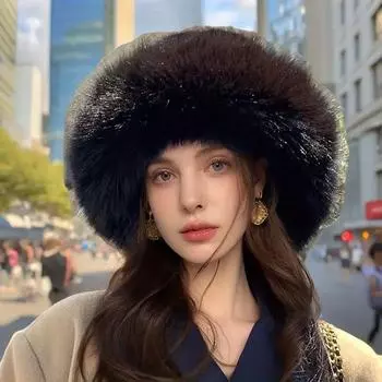 Осенне-зимняя толстая теплая женская модная меховая шапка, простая меховая шапка без полей, плюшевая, пушистая, для катания на лыжах, верховой езды, рыбацкая, искусственная норковая женская шапка-монгольская чёрный