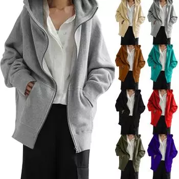 Осенне-зимняя толстовка-платье на молнии для женщин, свободная однотонная уличная толстовка с карманом на молнии, большой размер, топы S-5XL S чёрный