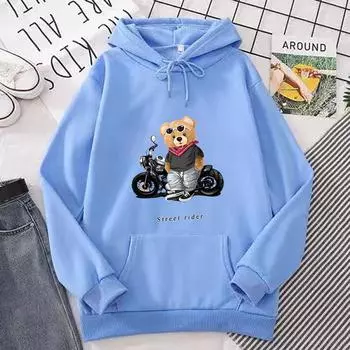 Осенне-зимняя толстовка с капюшоном и принтом медведя-мотоциклиста для мужчин и женщин, модные повседневные топы в корейском стиле S