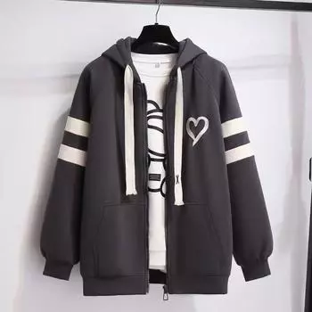 Осенне-зимняя толстовка с капюшоном, куртка, женский кардиган, универсальная, плюшевая, свободная, бейсбольная майка внутри M серый