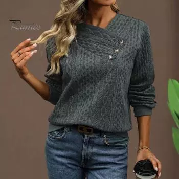 Осенне-зимняя толстовка с пуговицами, V-образным вырезом, плиссировкой, длинными рукавами, свободная, плотная, однотонная, эластичная манжета, повседневная одежда, повседневный топ S темно-серого