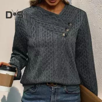 Осенне-зимняя толстовка с пуговицами, V-образным вырезом, плиссировкой, длинными рукавами, свободная, плотная, однотонная, эластичная манжета, повседневная одежда, повседневный топ S темно-серого