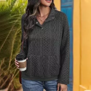 Осенне-зимняя толстовка с витой текстурой, отложным воротником, плиссированным карманом, длинными рукавами, свободная толстая однотонная эластичная манжета, повседневная одежда, повседневный топ S темно-серого