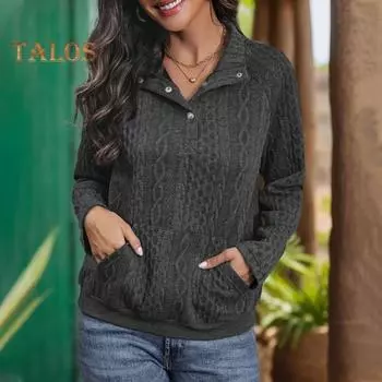 Осенне-зимняя толстовка с витой текстурой, отложным воротником, плиссированным карманом, длинными рукавами, свободная толстая однотонная эластичная манжета, повседневная одежда, повседневный топ S темно-серого