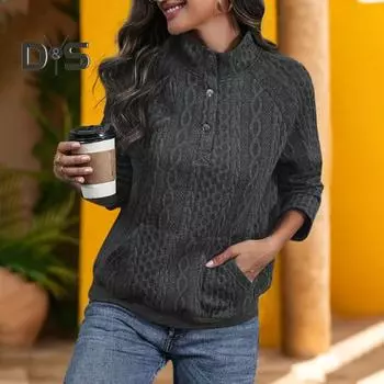 Осенне-зимняя толстовка с витой текстурой, отложным воротником, плиссированным карманом, длинными рукавами, свободная толстая однотонная эластичная манжета, повседневная одежда, повседневный топ S темно-серого