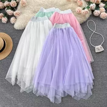 Осенне-зимняя тонкая длинная белая сказочная юбка трапециевидной формы из тонкой сетчатой пряжи с высокой талией и высокой талией