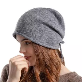 Осенне-зимняя тонкая вязаная сложенная шапка, утепленная шапка, женская холодная шапка с завязками, окололунная шапка с большой головой One Size серый
