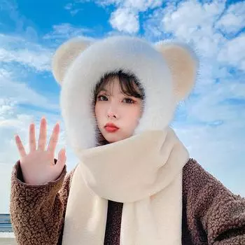 Осенне-зимняя трехкруглая цельная кепка, плюшевая снежная шапка, шарф, перчатки, цельная теплая кепка One Size бежевый