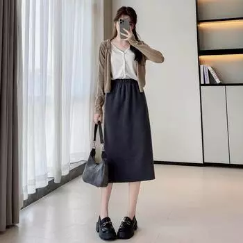Осенне-зимняя трикотажная длинная юбка женская с высокой талией черная серая винтажная корейская А-силуэт свободные юбки раздельная уличная одежда M чёрный