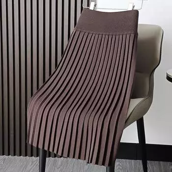 Осенне-зимняя трикотажная плиссированная юбка Черная шерстяная юбка с высокой талией Юбка А-силуэта средней длины M темно-коричневого