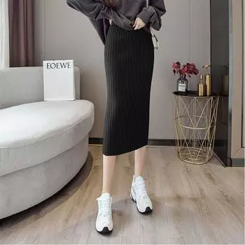 Осенне-зимняя трикотажная юбка средней длины для женщин с толстыми вогнутыми полосками Прямая юбка, облегающая ногу Юбка с разрезом средней длины S