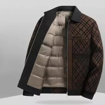 Осенне-зимняя трикотажная жаккардовая короткая молодежная деловая утепленная куртка с отворотом и молнией 170