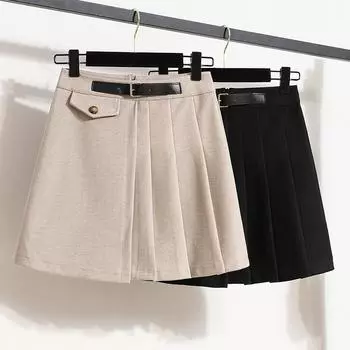 Осенне-зимняя юбка до половины тела, женская твидовая короткая юбка больших размеров с высокой талией, плиссированная юбка размером с пинту, черная брючная юбка L чёрный