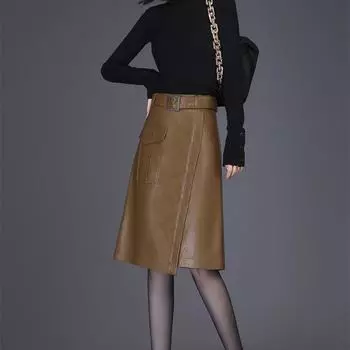 Осенне-зимняя юбка из искусственной кожи, женская полуюбка, юбка с высокой талией, посылка средней длины, юбка трапециевидной формы на бедрах XXXL чёрный