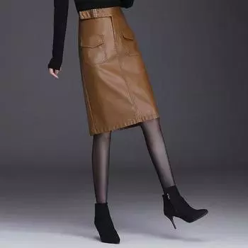 Осенне-зимняя юбка из искусственной кожи, женская одноступенчатая юбка длиной до колена с высокой талией и карманами, однотонная 2XL чёрный
