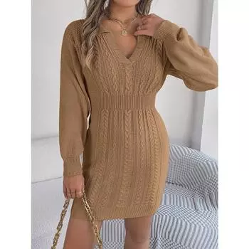 Осенне-зимняя юбка-свитер с рукавами-фонариками, закрывающая бедра S розовый