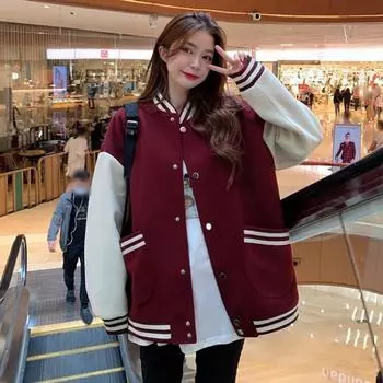 Осенне-зимняя уличная куртка кардиган пальто женская новая ретро бейсбольная форма корейская версия BF свободный универсальный топ женская одежда M