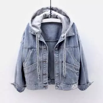 Осенне-зимняя универсальная куртка с капюшоном и множеством карманов, женская свободная верхняя одежда в стиле пэчворк на пуговицах, джинсовое пальто XXXL чёрный