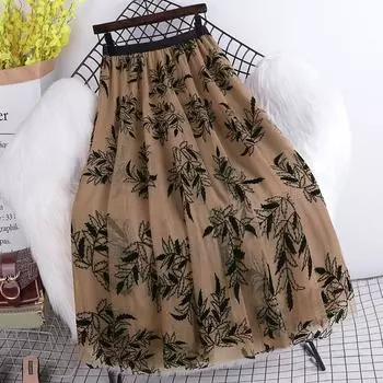 Осенне-зимняя универсальная сетчатая юбка с высокой талией и вышивкой, темпераментные длинные юбки средней длины для женщин, тонкие One Size темно-коричневого