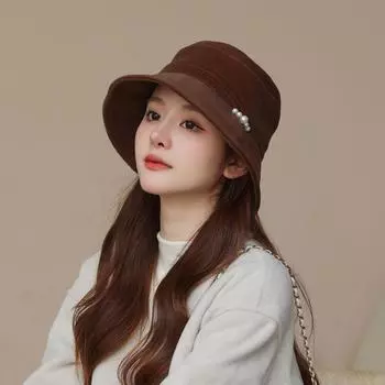 Осенне-зимняя универсальная шляпа женская новая теплая повседневная панама высокого класса с жемчужным принтом модная темпераментная шляпа-тазик M (56-58cm) 5 pearl pot caps on the side чёрный