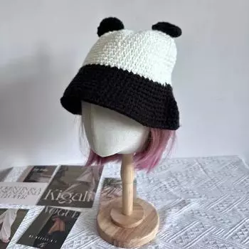 Осенне-зимняя универсальная симпатичная черно-белая шляпа рыбака с ушками панды дети показывают свои лица маленькая ручная работа модная шляпа для таза M56-58cm
